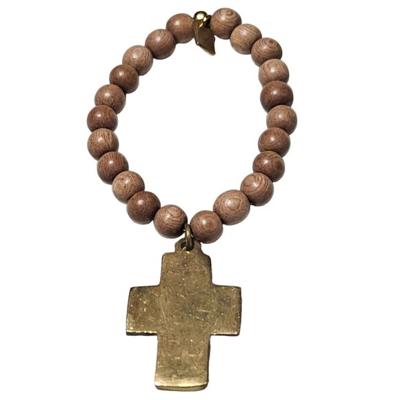 Religious Gold Tone Cross Beaded Rosery Stretch Prayer Wooden Beads Jewelry - Picture 2 of 4